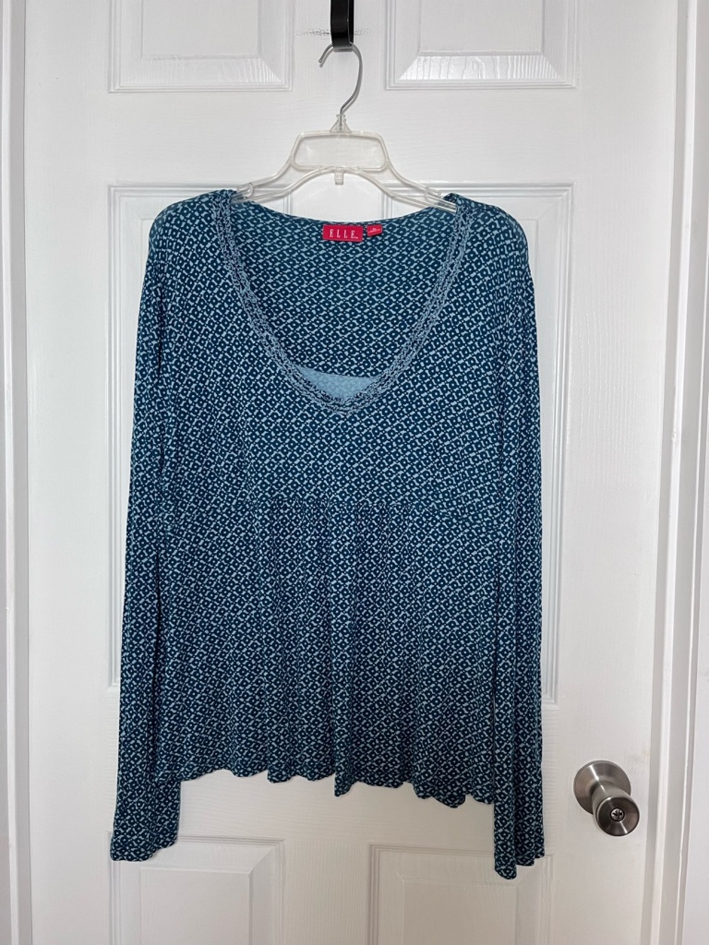 Elle Teal Blue Patterned Long-Sleeve Scoop Neck Top